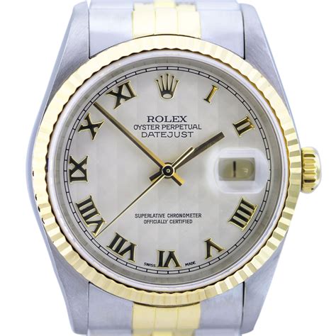 rolex mens 2 tone datejust white pyramid roman numeral dial